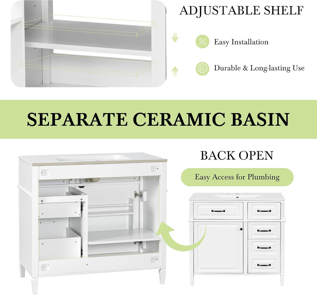 36' Bathroom Vanities Cabinet with Ceramic Sink Top, Tip-Out Drawers and Door Shelf, Soft-Closing Door, Solid Wood Legs, White