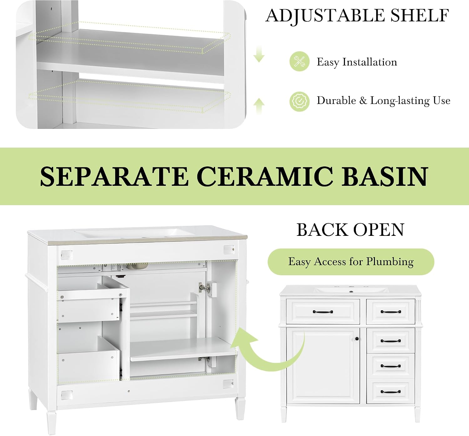 36' Bathroom Vanities Cabinet with Ceramic Sink Top, Tip-Out Drawers and Door Shelf, Soft-Closing Door, Solid Wood Legs, White