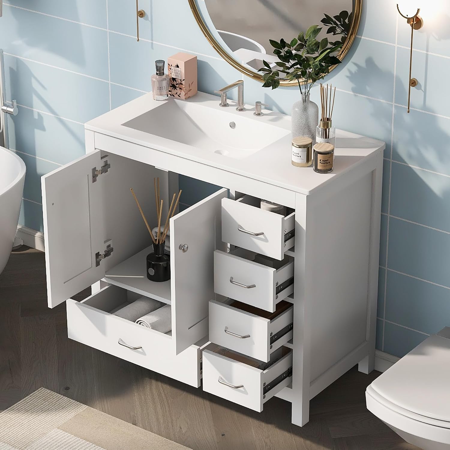 Harper & Bright Designs 36' Bathroom Vanity with Sink, Free Standing Single Basin Vanity Set with Two Doors and 5 Drawers, Solid Wood Bathroom Cabinet with Ceramic Basin for Bathroom, White