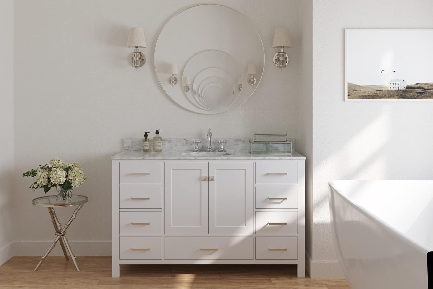 ARIEL Cambridge 55 in. Single Oval Sink Vanity with Carrara White Marble Countertop in White