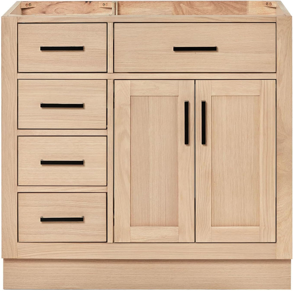 ARIEL Hepburn 36-inch Bathroom Vanity Base Cabinet,Solid Wood, 2 Soft Closing Doors, 5 Dovetail Drawers, White Oak