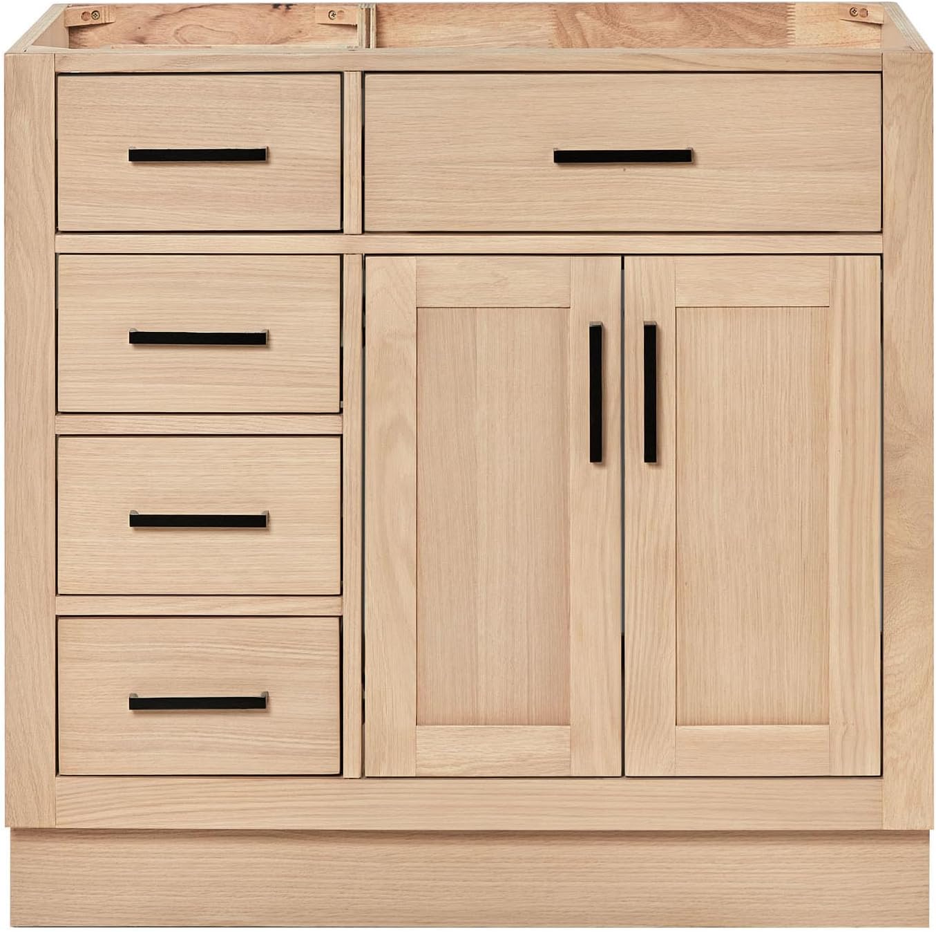 ARIEL Hepburn 36-inch Bathroom Vanity Base Cabinet,Solid Wood, 2 Soft Closing Doors, 5 Dovetail Drawers, White Oak