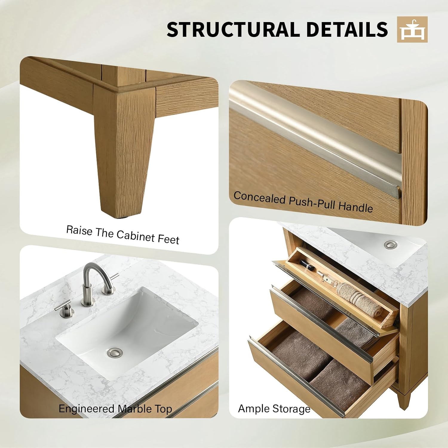 Vanity Art 30 inch Small Bathroom Vanity with Sink & Ceramic Top, Oak Vanity Cabinet with 3 Drawers, Solid Wood Frame, Ceramic Sink, Natural Oak, VA8030-NO1
