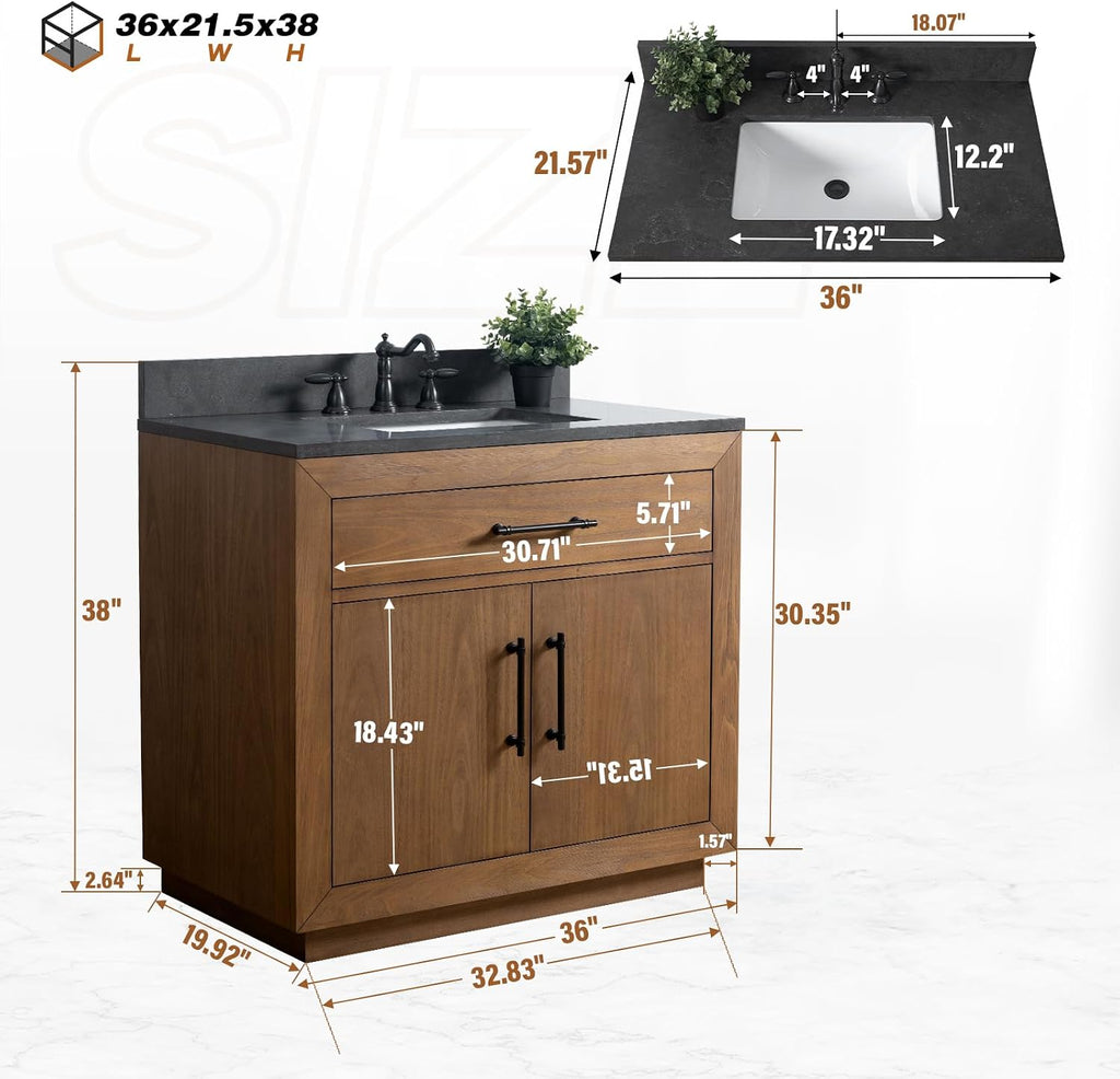 HOMEBEYOND 36' Bathroom Vanity with Single Sink & Ceramic Top, MDF Material Vanity Cabinet with Basin Combo, Soft-Closing Doors, Removable Shelf, Backsplash, Tan