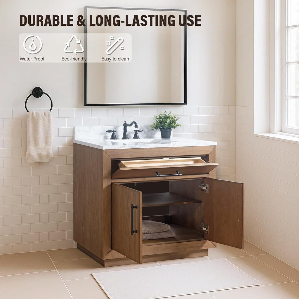 HOMEBEYOND 36' Bathroom Vanity with Single Sink & Ceramic Top, MDF Material Vanity Cabinet with Basin Combo, Soft-Closing Doors, Removable Shelf, Backsplash, Tan