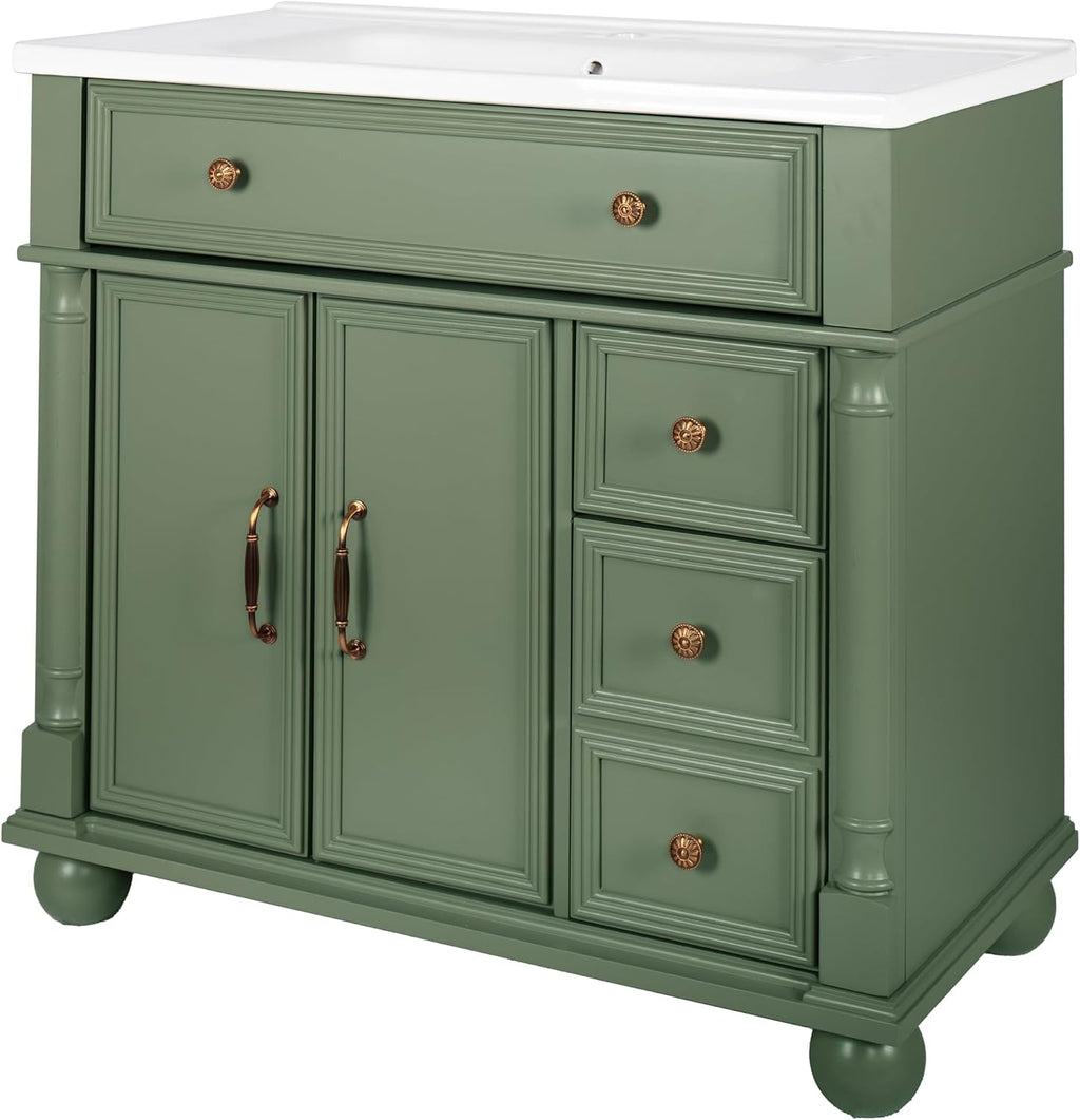 36 inch Bathroom Vanity with Sink, Freestanding Bathroom Vanity Cabinet with Ceramic Sink, Flip Top Drawer, 2 Large Capacity Drawers, Soft Closing Doors, Adjustable Shelf, Round Column Base, Green