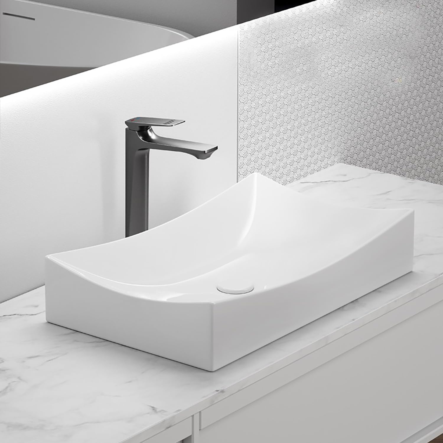 SouNor Rectangle Bathroom Vessel Sink Above Counter Square Bowl Countertop 20'x15' Inches Modern Contemporary Porcelain Big Large Ceramic Wash Lavatory Basin Rectangular Sinks White,20' (Small)