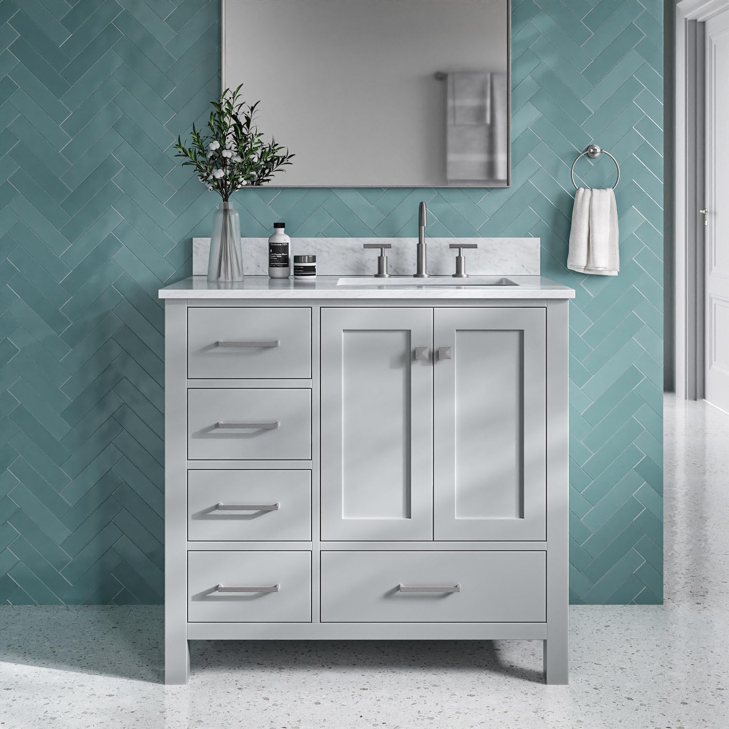 ARIEL Cambridge 36-inch Bathroom Vanity with Sink,Solid Wood, 0.75-inch Italian Carrara Marble Countertop, Single Rectangular Porcelain Sink, 2 Soft Closing Doors, 5 Dovetail Drawers, Grey