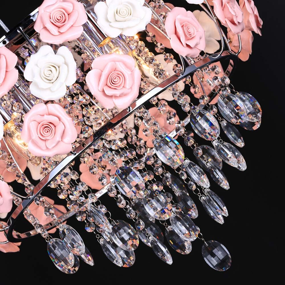 19.5inch Crystal Ceiling Light Fixtures Flush Mount Ceramic Rose Flowers, Chandelier Pendant Lighting with 5-Light E12 Socket for Living/Dining Room Bedroom Girl Room