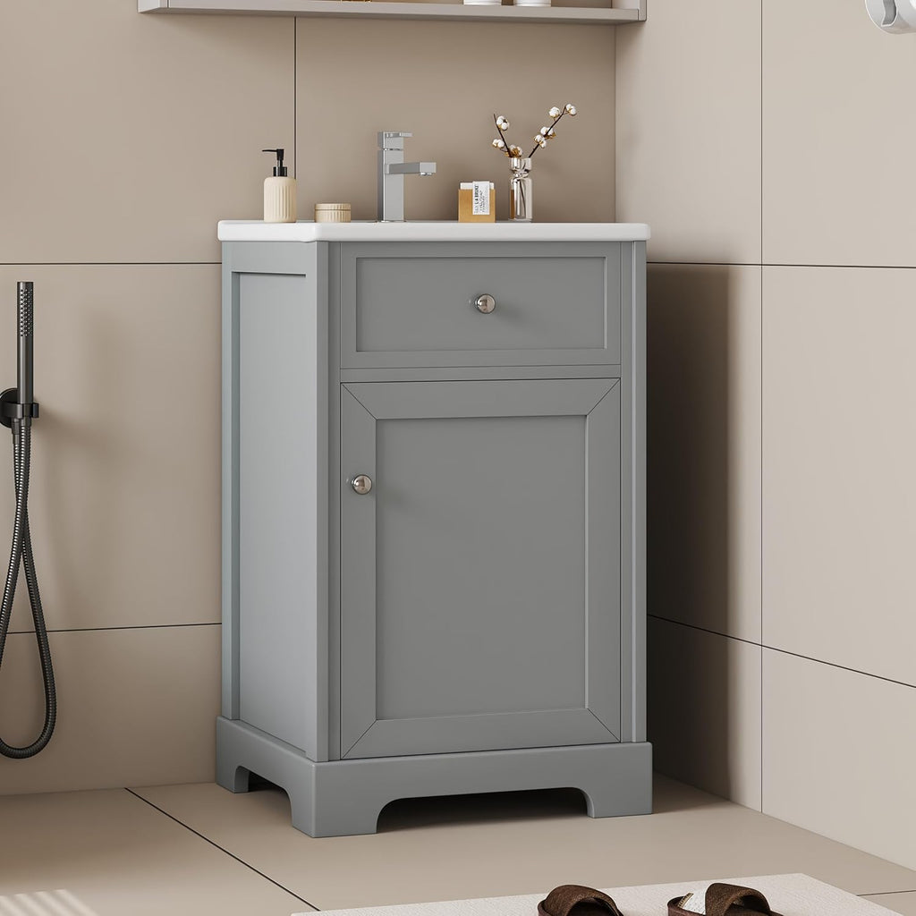 Harper & Bright Designs 20' Bathroom Vanity with Sink, Free Standing Single Basin Vanity Set with Soft Closing Door and Storage Rack, Solid Wood Bathroom Cabinet with Ceramic Basin for Bathroom, Grey