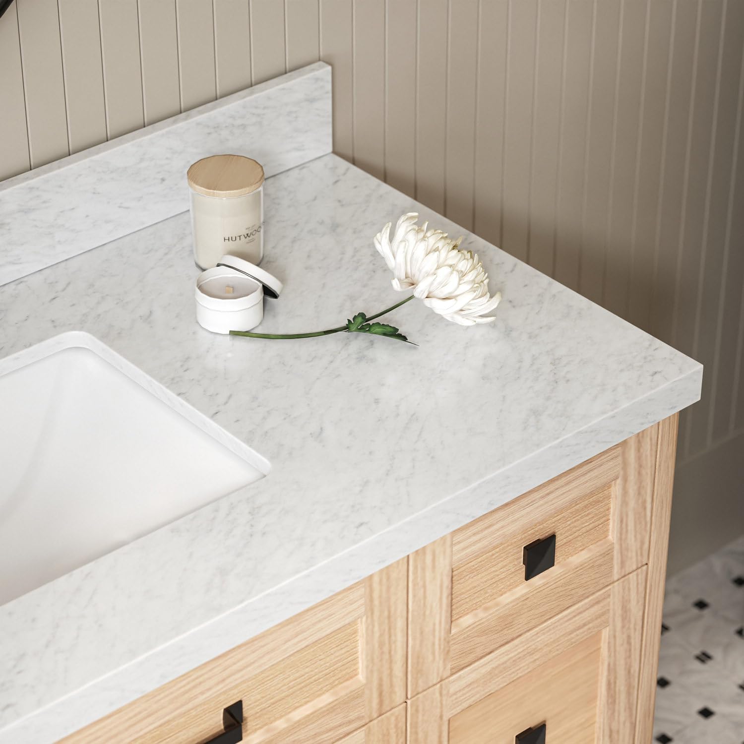 ARIEL Monroe 48-inch Bathroom Vanity with Sink,Solid Wood, 1.5-inch Italian Carrara Marble Countertop, Single Rectangular Porcelain Sink, Dovetail Drawers, White Oak