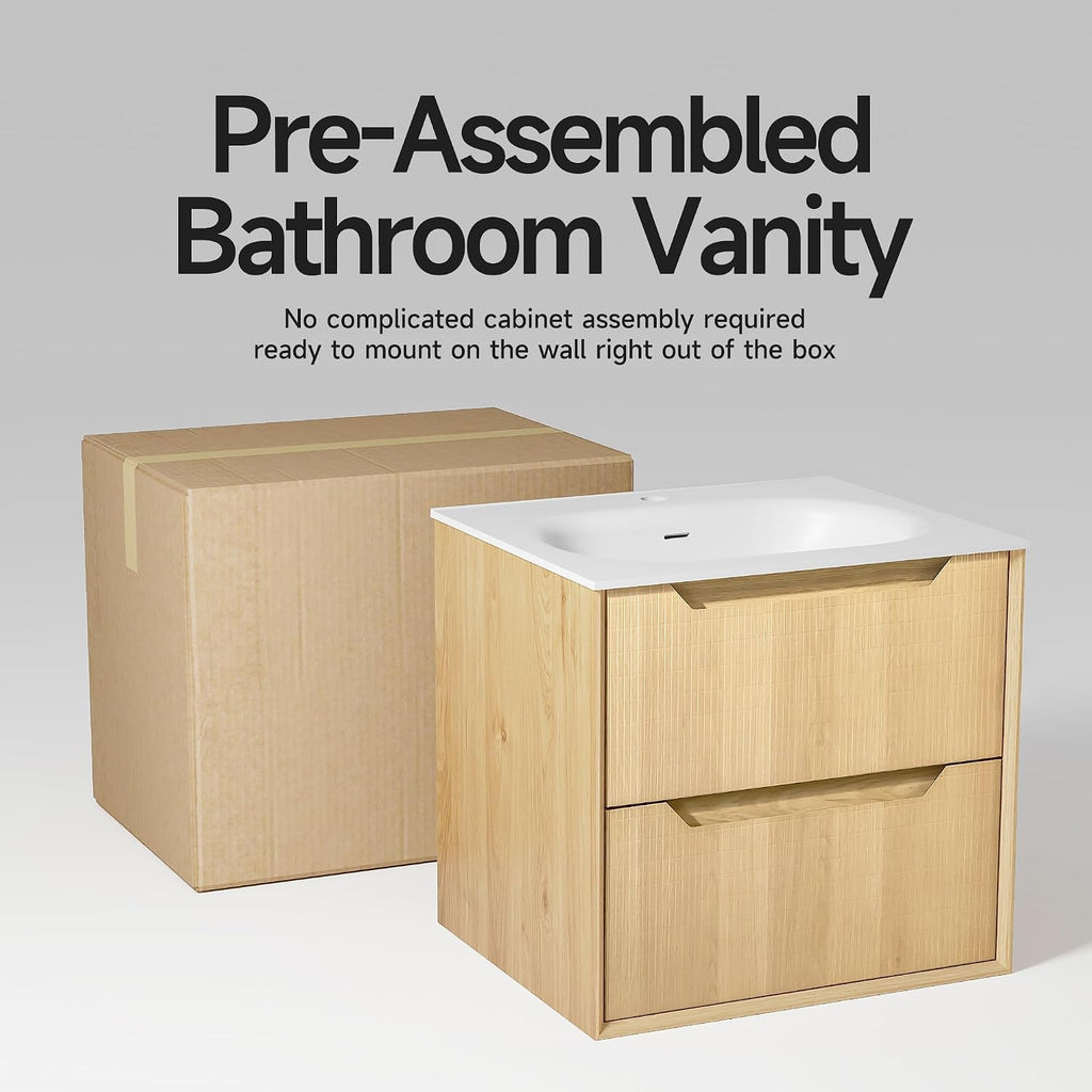 32' Japandi Floating Bathroom Vanity with Sink, Pre-Assembled Natural Oak Multi-Layer Solid Wood Bathroom Sink Vanity, Wall Mounted with Integrated Stone Top and 2 Soft Close Drawers