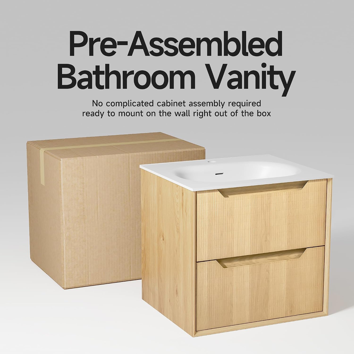 32' Japandi Floating Bathroom Vanity with Sink, Pre-Assembled Natural Oak Multi-Layer Solid Wood Bathroom Sink Vanity, Wall Mounted with Integrated Stone Top and 2 Soft Close Drawers