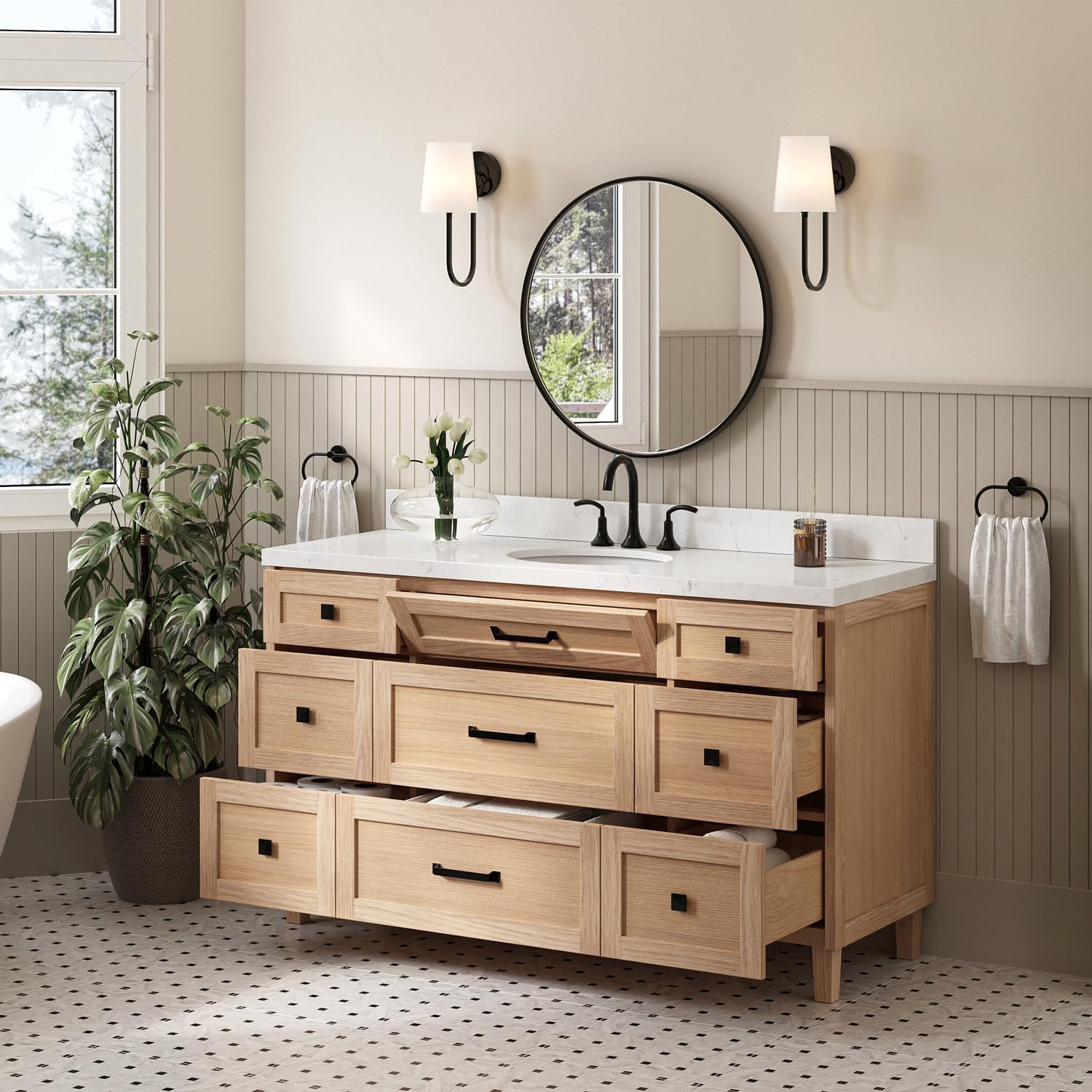 ARIEL Monroe 60-inch Bathroom Vanity with Sink,Solid Wood, 1.5-inch Carrara White Quartz Countertop, Single Oval Porcelain Sink, Dovetail Drawers, White Oak