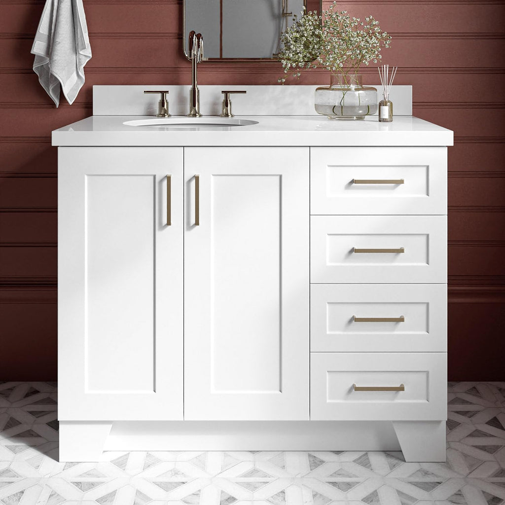 ARIEL Taylor 42-inch Bathroom Vanity with Sink,Solid Wood, 1.5-inch Pure White Quartz Countertop & Backsplash, Single Oval Porcelain Sink, 2 Soft Closing Doors, 5 Dovetail Drawers, White