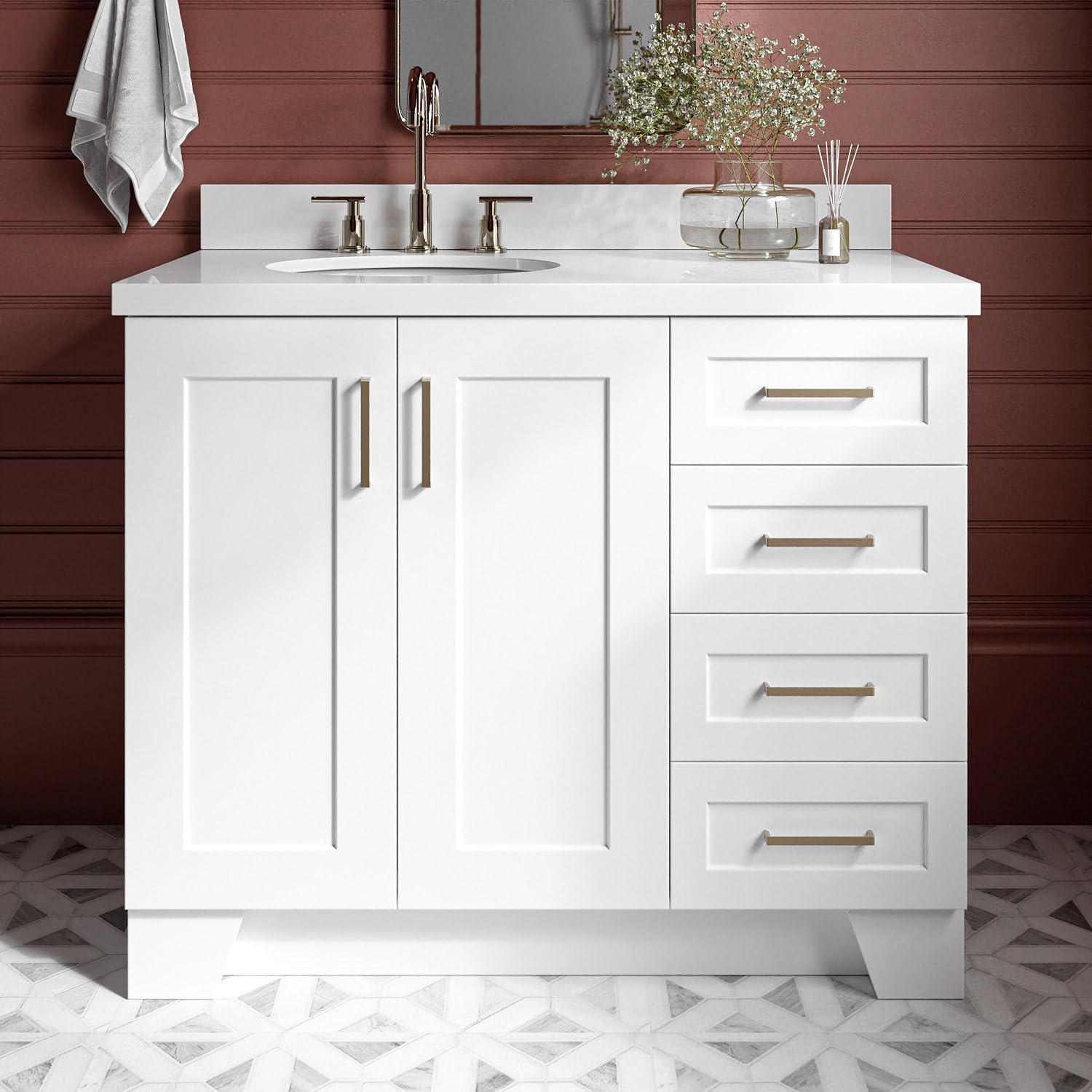 ARIEL Taylor 42-inch Bathroom Vanity with Sink,Solid Wood, 1.5-inch Pure White Quartz Countertop & Backsplash, Single Oval Porcelain Sink, 2 Soft Closing Doors, 5 Dovetail Drawers, White