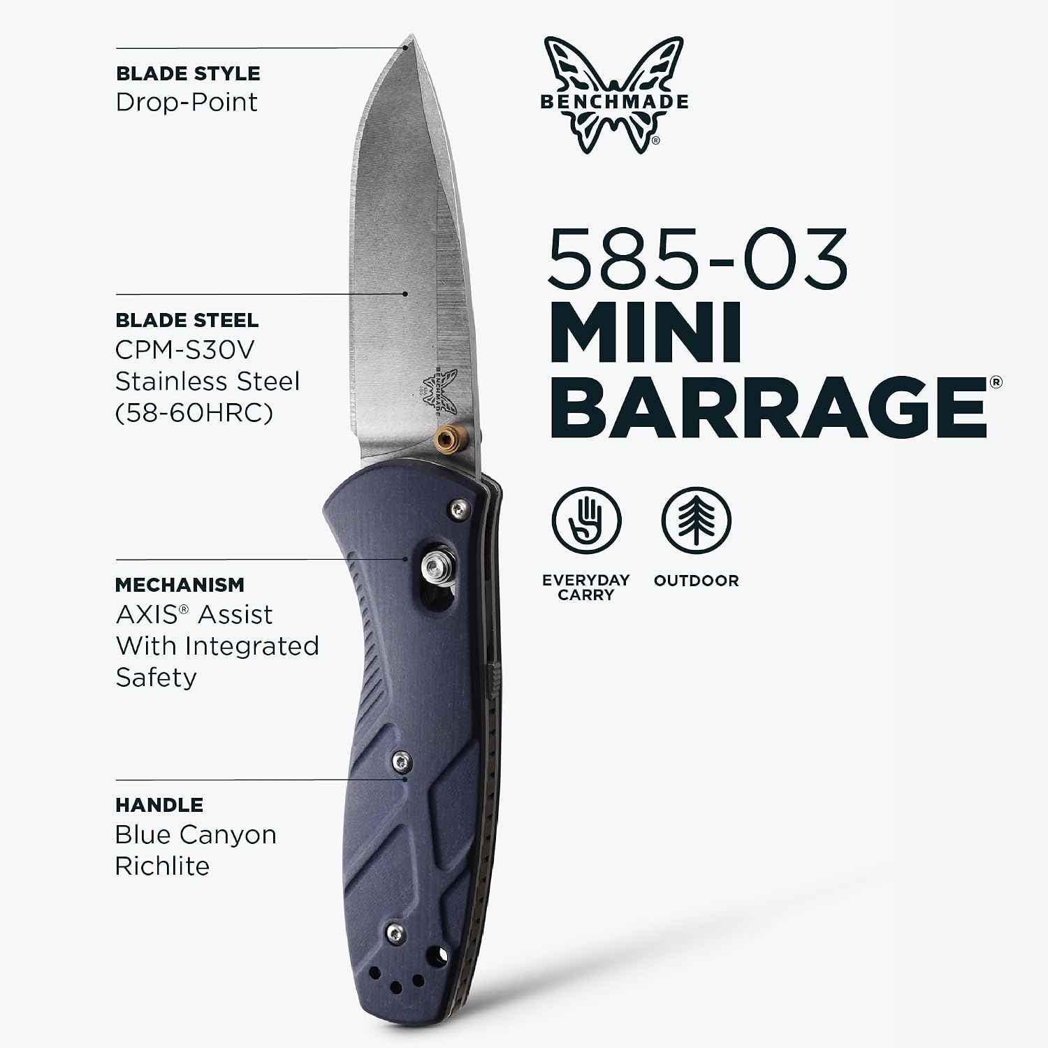 Benchmade - Mini Barrage 585 EDC Knife, Drop-Point Blade Blue Canyon Richlite Handle (585-03)