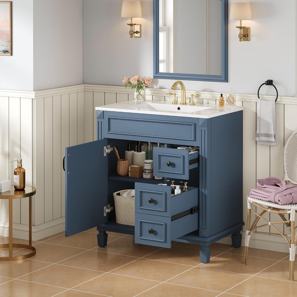 30 Inch Blue-Grey Bathroom Vanity with Sink,Modern Bathroom Vanity with 2 Right Hand Drawers & Adjustable Shelf,Soft Closing Doors & Black Handles,Solid Wood Frame,French Embossed Front