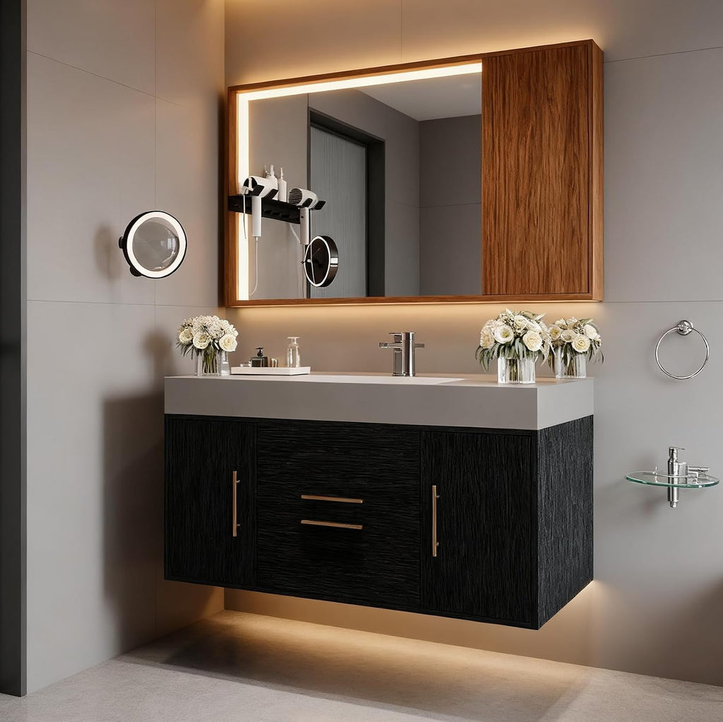 40' Bathroom Vanity with Sink Set, Modern Wall Mounted Bathroom Vanity Cabinet with Ceramic Sink,Gold Handle 2 Drawers&2 Storage Cabinets, Single Sink Floating Bathroom Vanity, Black Grey