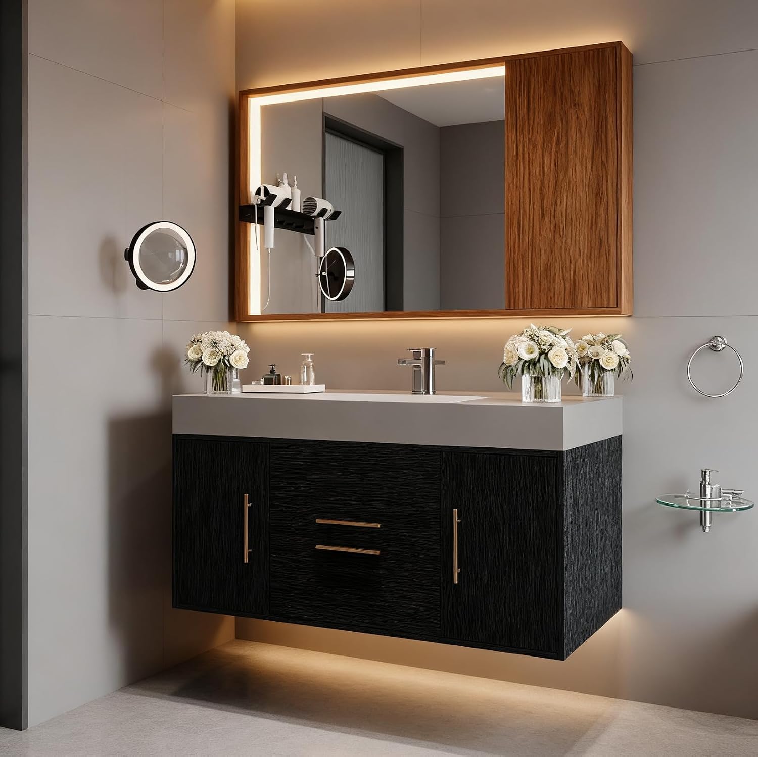 40' Bathroom Vanity with Sink Set, Modern Wall Mounted Bathroom Vanity Cabinet with Ceramic Sink,Gold Handle 2 Drawers&2 Storage Cabinets, Single Sink Floating Bathroom Vanity, Black Grey