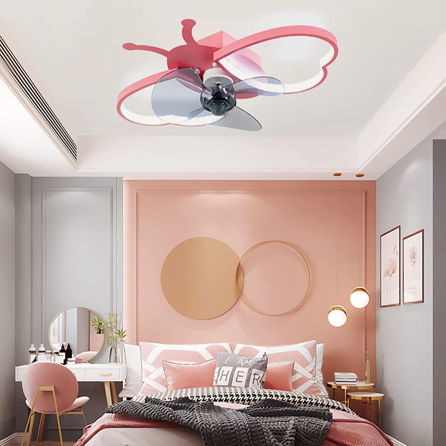 Pink Ceiling Fan with Lights for Girls Room Dimmable LED Flush Ceiling Fan with Light with Remote Butterfly Quiet Fan Light for Kids Bedroom Children Nursery,6 Speed Reversible Fan