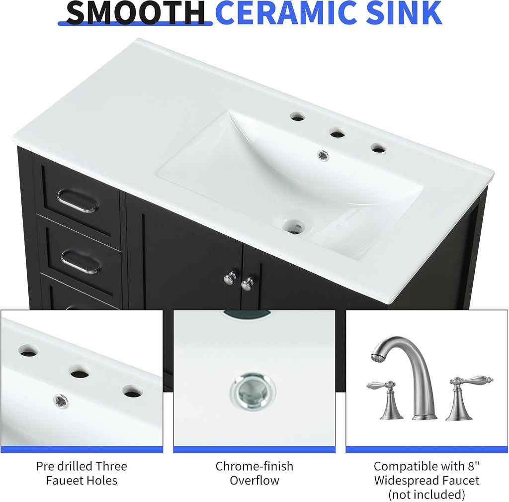 LUMISOL 36 Inch Bathroom Vanity with Sink, Black Freestanding Bathroom Vanity Cabinet with Ceramic Top, 2 Soft-Close Drawers, Open Storage Shelf & Single Offset Sink, Black
