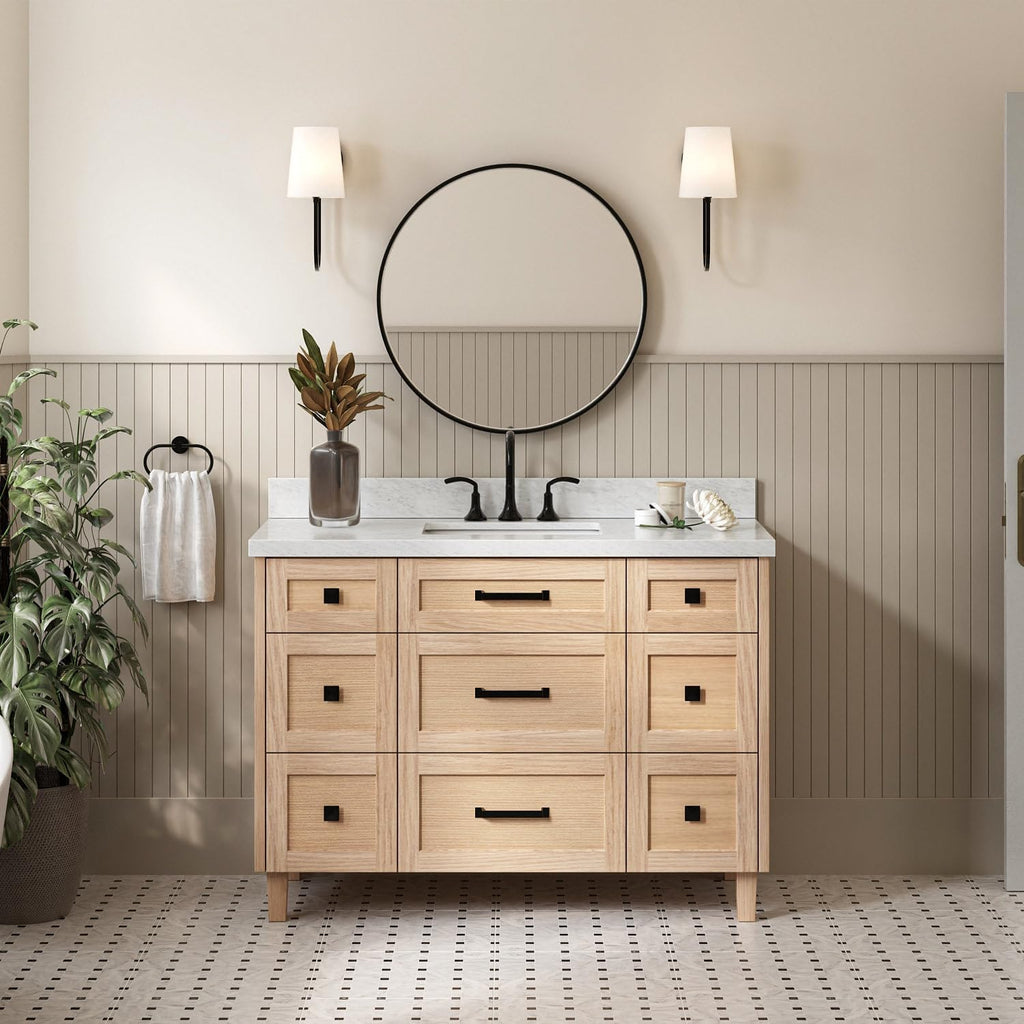 ARIEL Monroe 48-inch Bathroom Vanity with Sink,Solid Wood, 1.5-inch Italian Carrara Marble Countertop, Single Rectangular Porcelain Sink, Dovetail Drawers, White Oak