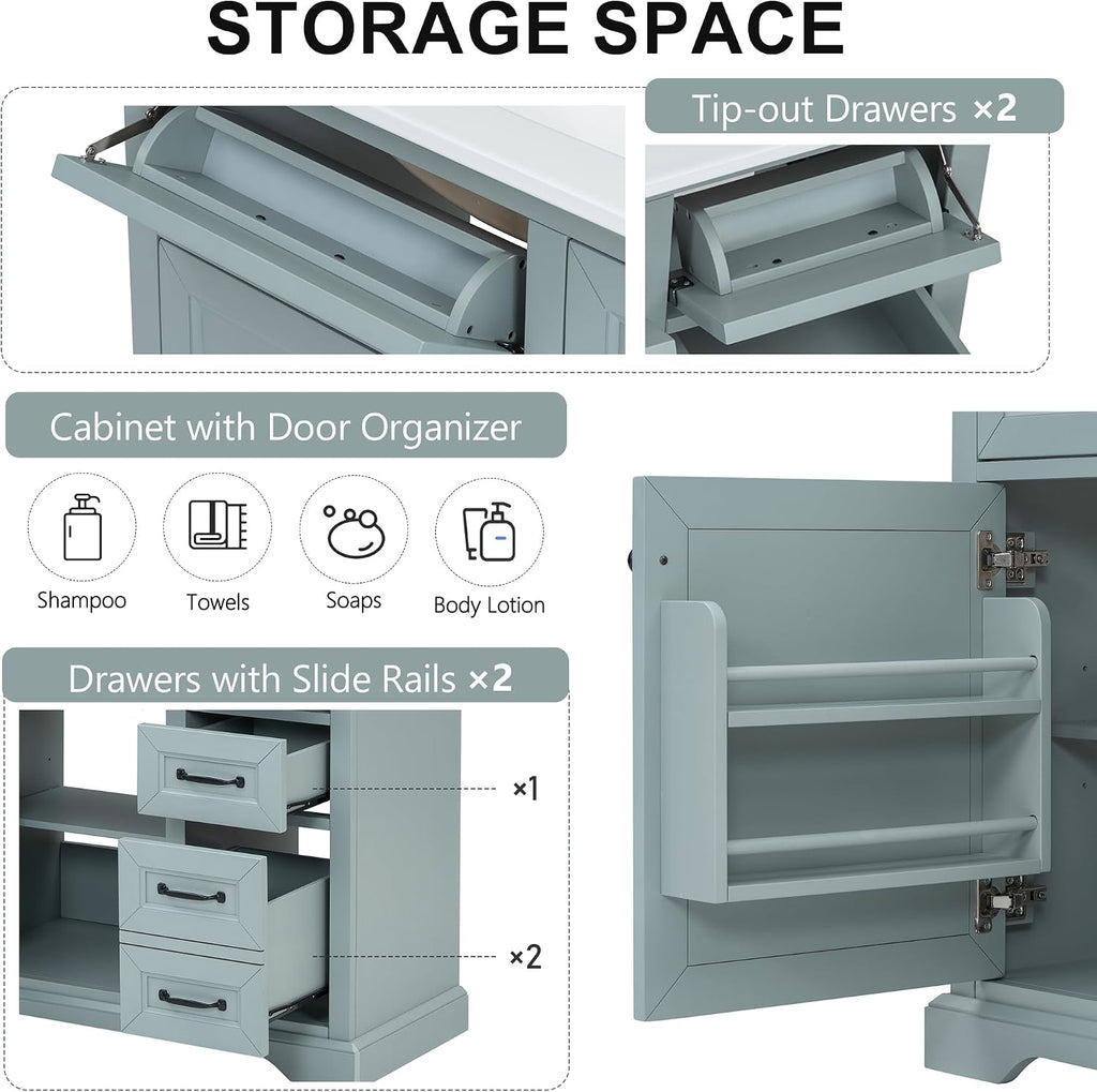 36' Bathroom Vanities with Ceramic Sink Set, Tip-Out Drawers, Storage Cabinet with Door Shelf, Soft-Closing Doors, Grey