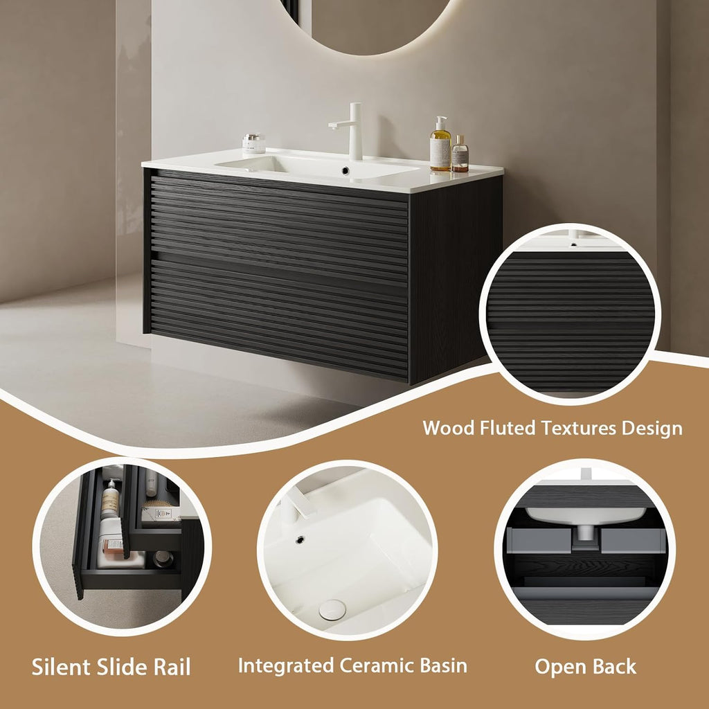Eleshine 30 inch Floating Bathroom Vanity with Sink, Woodgrain Bathroom Cabinet with 2 Storage Drawer， Pre-Assembled and Integrated Ceramic Basin for Wall Mount Vanities - Dark Oak