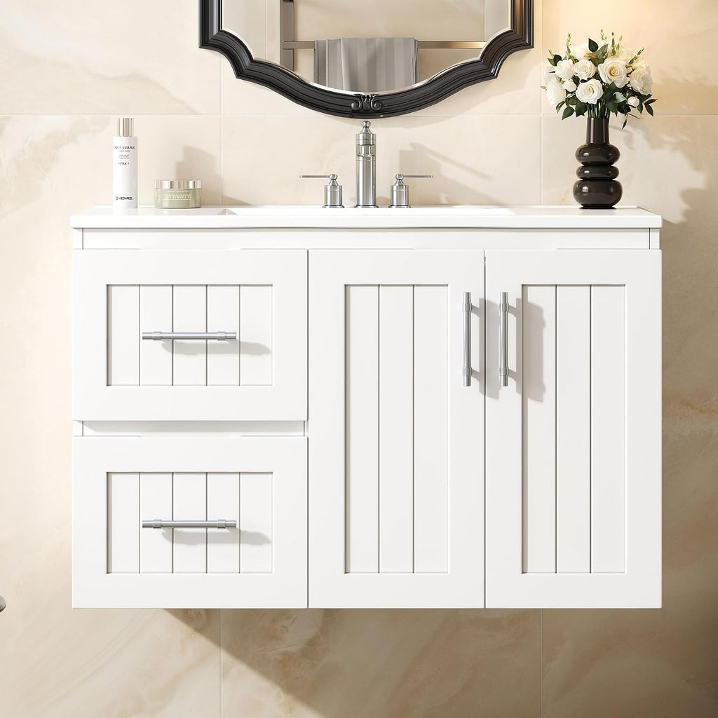 White Floating Bathroom Vanity with Sink 36 Inch,Wall Mounted Bathroom Sink Cabinet with Integrated Countertop,Adjustable Shelf & 2 Drawers,Soft Closing Doors,Solid Wood Frame
