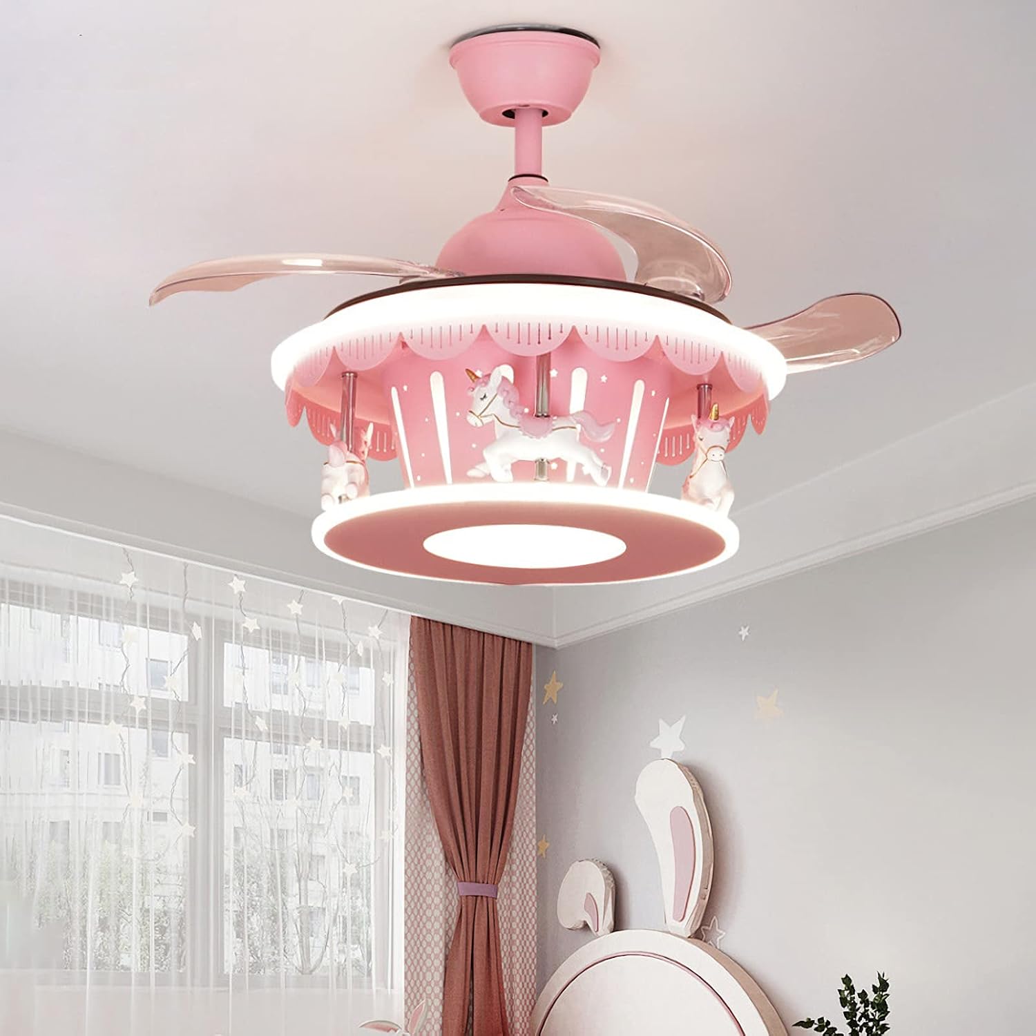Cartoon Pink Ceiling Fan with Lights Kids LED Ceiling Lamp Creative Carousel with Invisible Blades Close to Ceiling Lighting for Living Room Bedroom