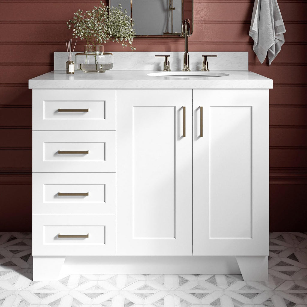 ARIEL Taylor 42-inch Bathroom Vanity with Sink,Solid Wood, 1.5-inch Italian Carrara Marble Countertop & Backsplash, Single Oval Porcelain Sink, 2 Soft Closing Doors, 5 Dovetail Drawers, White