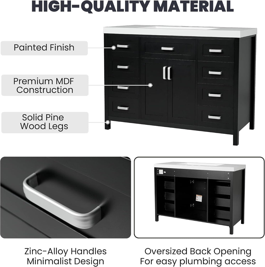 47' Bathroom Vanity Without Sink, Cabinet Only, 2 Doors and 8 Drawers, Soft Close System, Classic Design, Black