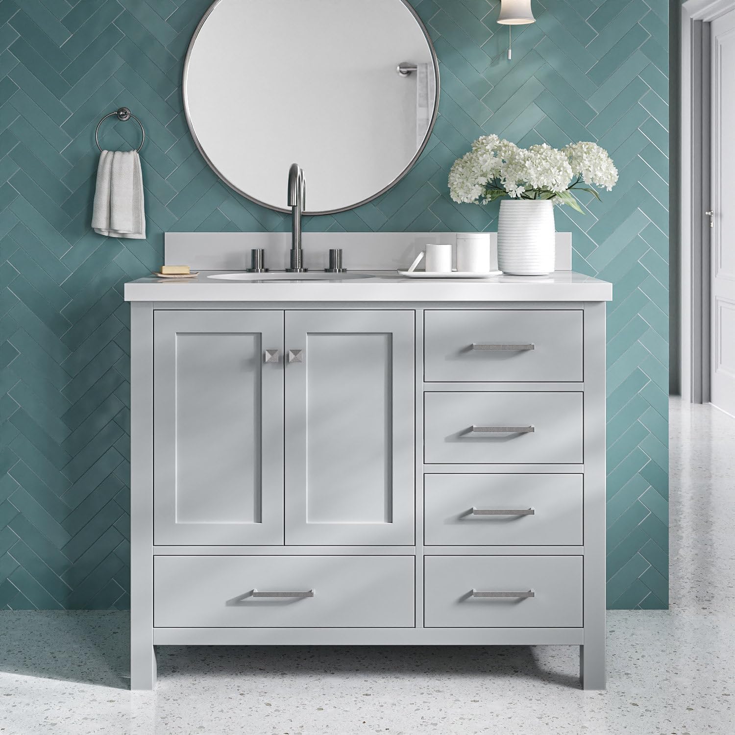 ARIEL Cambridge 42-inch Bathroom Vanity with Sink,Solid Wood, 1.5-inch Pure White Quartz Countertop & Backsplash, Single Oval Porcelain Sink, 2 Soft Closing Doors, 5 Dovetail Drawers, Grey