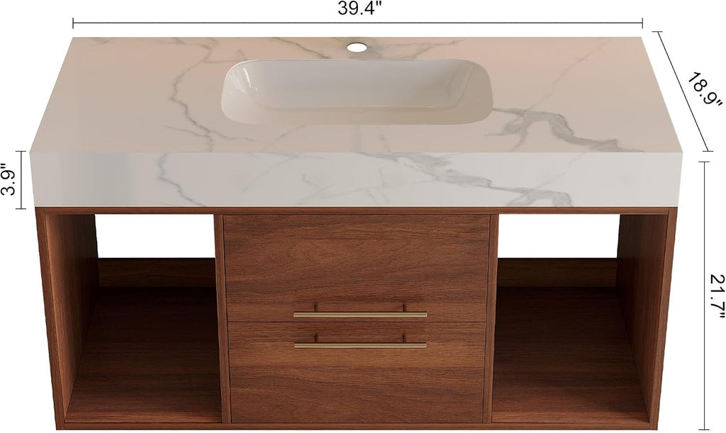 40' Bathroom Vanity with Sink Set, Modern Wall Mounted Bathroom Vanity Cabinet with Sintered Stone Top&Gold Handle 2 Drawers&2 Open Storage, Single Sink Floating Bathroom Vanities,Walnut