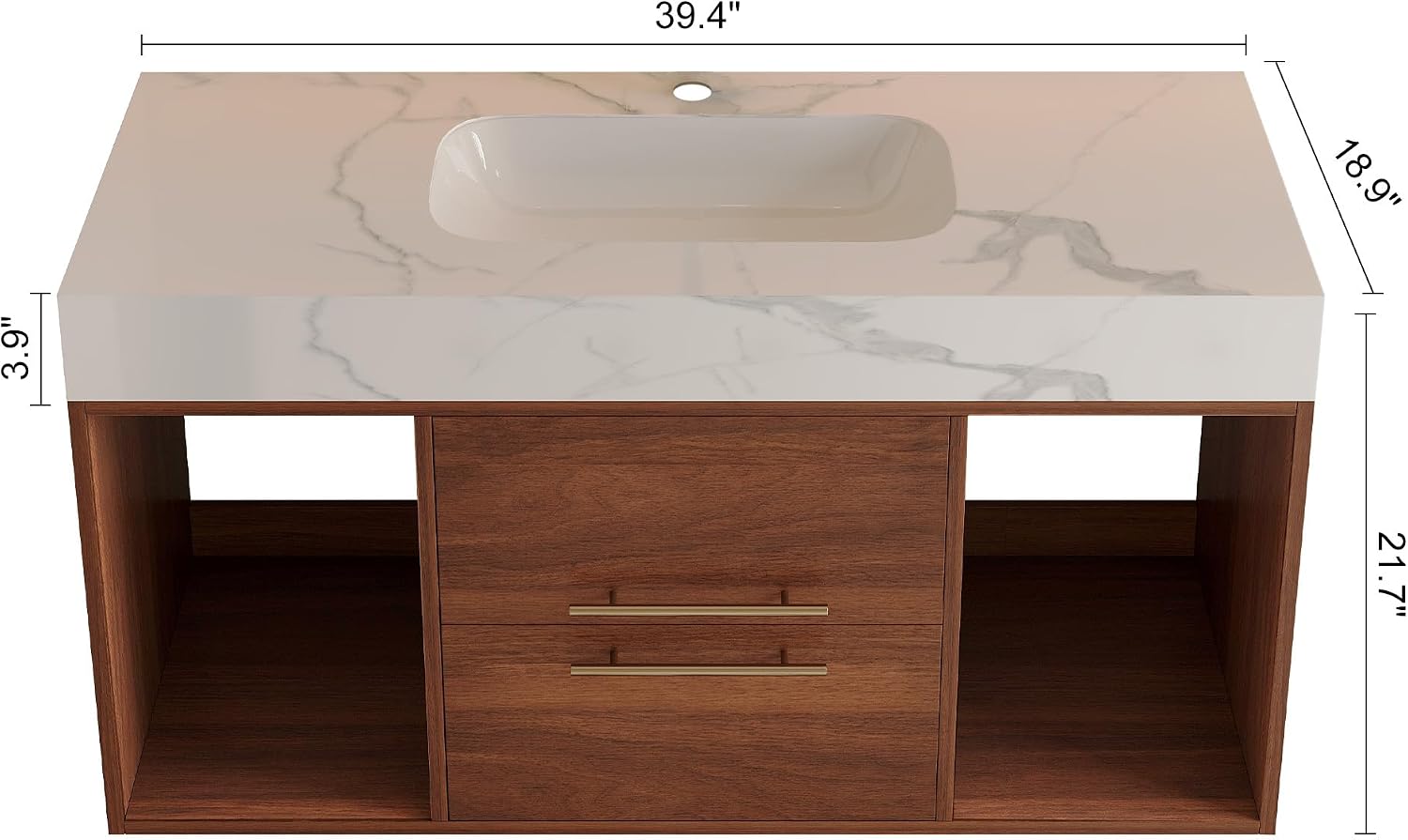 40' Bathroom Vanity with Sink Set, Modern Wall Mounted Bathroom Vanity Cabinet with Sintered Stone Top&Gold Handle 2 Drawers&2 Open Storage, Single Sink Floating Bathroom Vanities,Walnut
