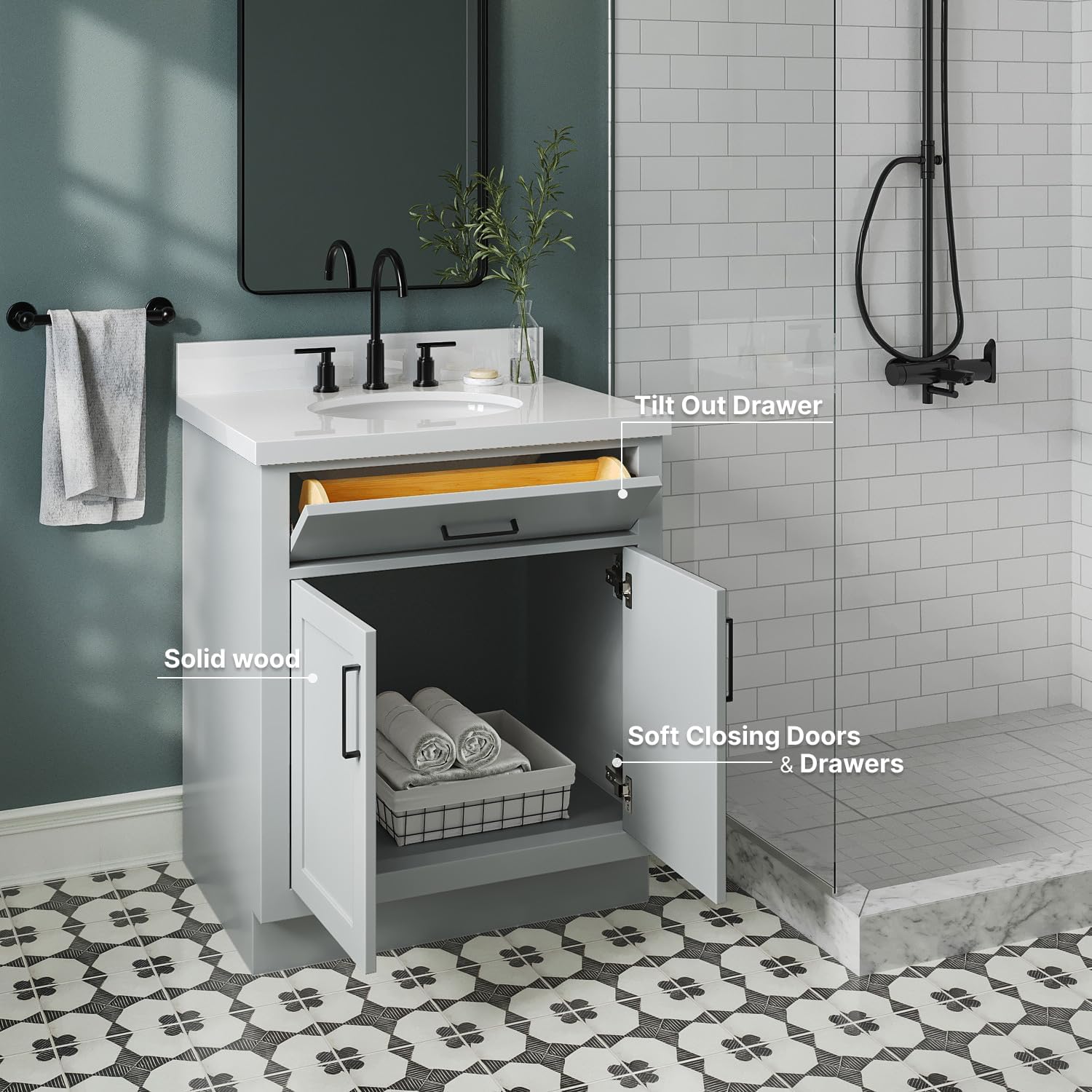 ARIEL Hepburn 30-inch Bathroom Vanity with Sink,Solid Wood, 1.5-inch Pure White Quartz Countertop & Backsplash, Single Oval Porcelain Sink, 2 Soft Closing Doors, 1 Dovetail Drawers, Grey