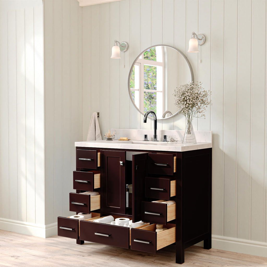 ARIEL Cambridge 42-inch Bathroom Vanity with Sink,Solid Wood, 1.5-inch Carrara White Quartz Countertop, Single Rectangular Porcelain Sink, 2 Soft Closing Doors, 9 Dovetail Drawers, Espresso