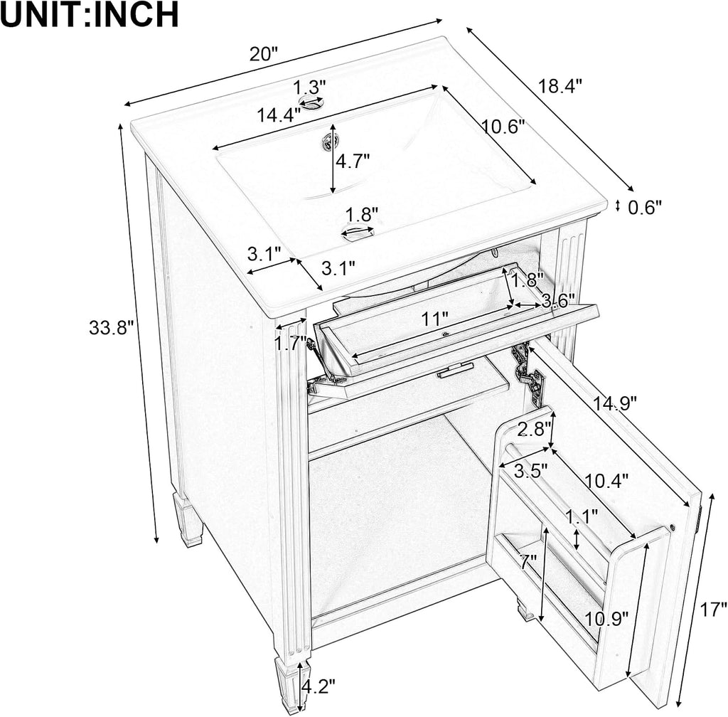 VilroCaz 20'' Bathroom Vanity with Sink, Freestanding Storage Cabinet with Tilt-Out Drawer, Adjustable Shelf and Solid Wood Legs for Small Bathroom (Black-4.10)