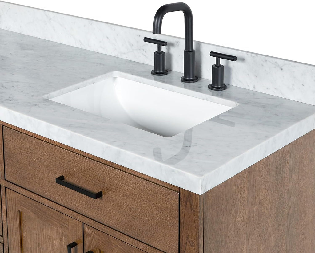 DKB Isabella 72-Inch Brown Oak Double Bathroom Vanity with Sink, 1.5-Inch Edge Italian Carrara Marble Countertop & 4' Backsplash, Soft-Closing Doors & Drawers, Solid Oak Wood Construction