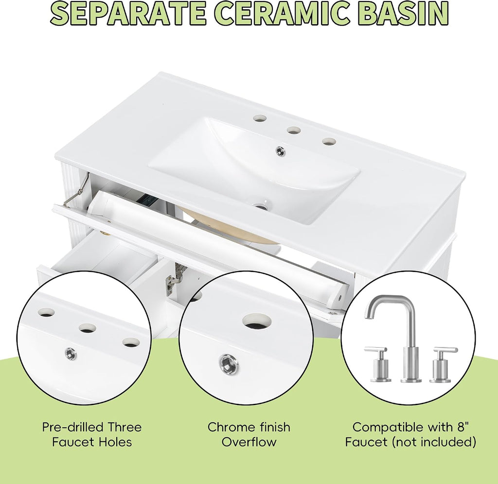 36' Bathroom Vanity Cabinet with Ceramic Countertop Sink Combo Set, Solid Wood Frame, Tilt-Out Drawers and Left Side Drawers, Soft Closing Door Hinges, Farmhouse Style, White