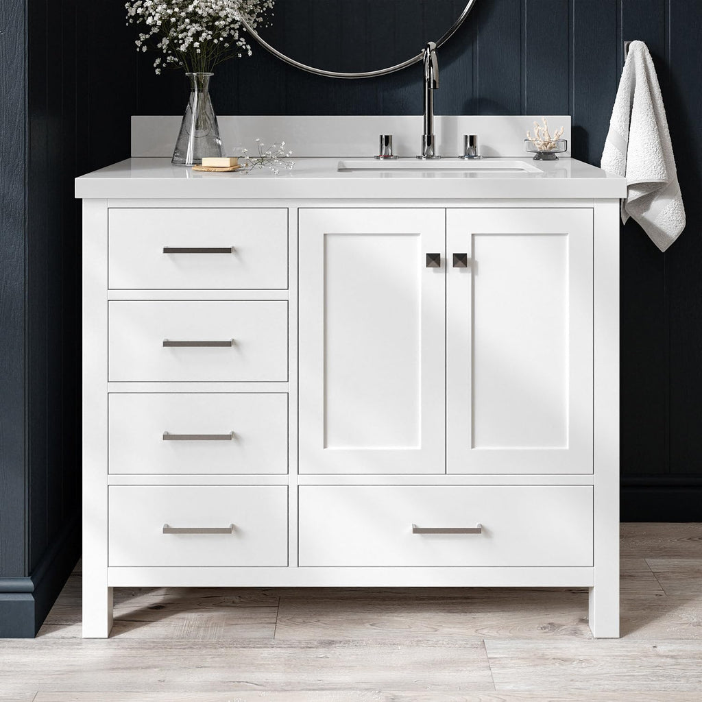 ARIEL Cambridge 42-inch Bathroom Vanity with Sink,Solid Wood, 1.5-inch Pure White Quartz Countertop & Backsplash, Single Rectangular Porcelain Sink, 2 Soft Closing Doors, 5 Dovetail Drawers, White