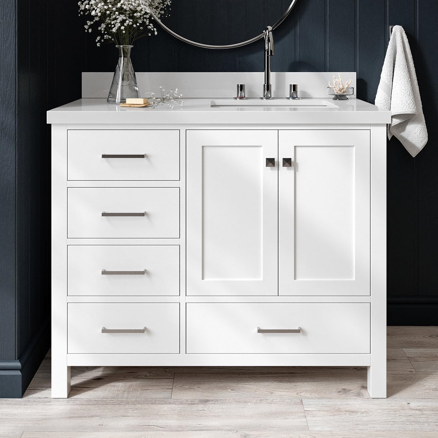 ARIEL Cambridge 42-inch Bathroom Vanity with Sink,Solid Wood, 1.5-inch Pure White Quartz Countertop & Backsplash, Single Rectangular Porcelain Sink, 2 Soft Closing Doors, 5 Dovetail Drawers, White
