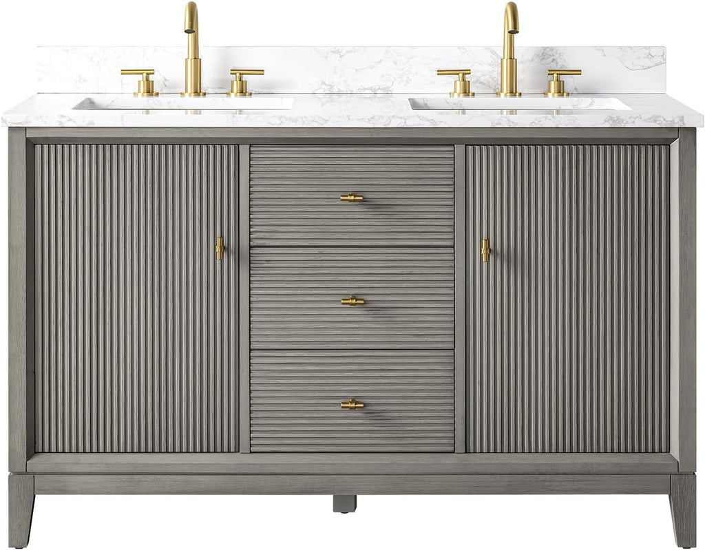 HOMEBEYOND 54' Bathroom Vanity with Double Sink & Engineered Marble Top, Solid Wood Frame, Linear Pattern & Soft Close Door | Golden Brushed Handware, Driftwood Gray
