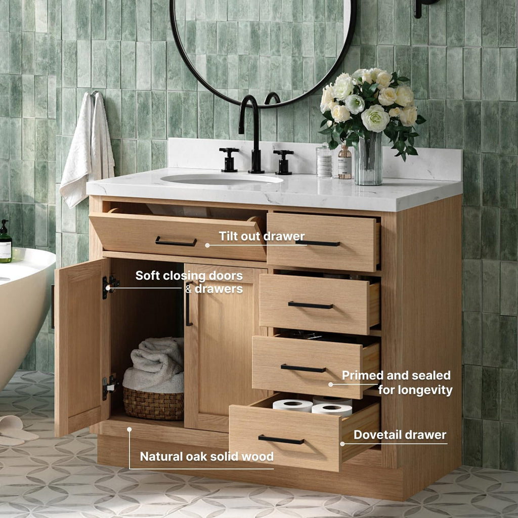 ARIEL Hepburn 42-inch Bathroom Vanity Base Cabinet,Solid Wood, 2 Soft Closing Doors, 5 Dovetail Drawers, White Oak