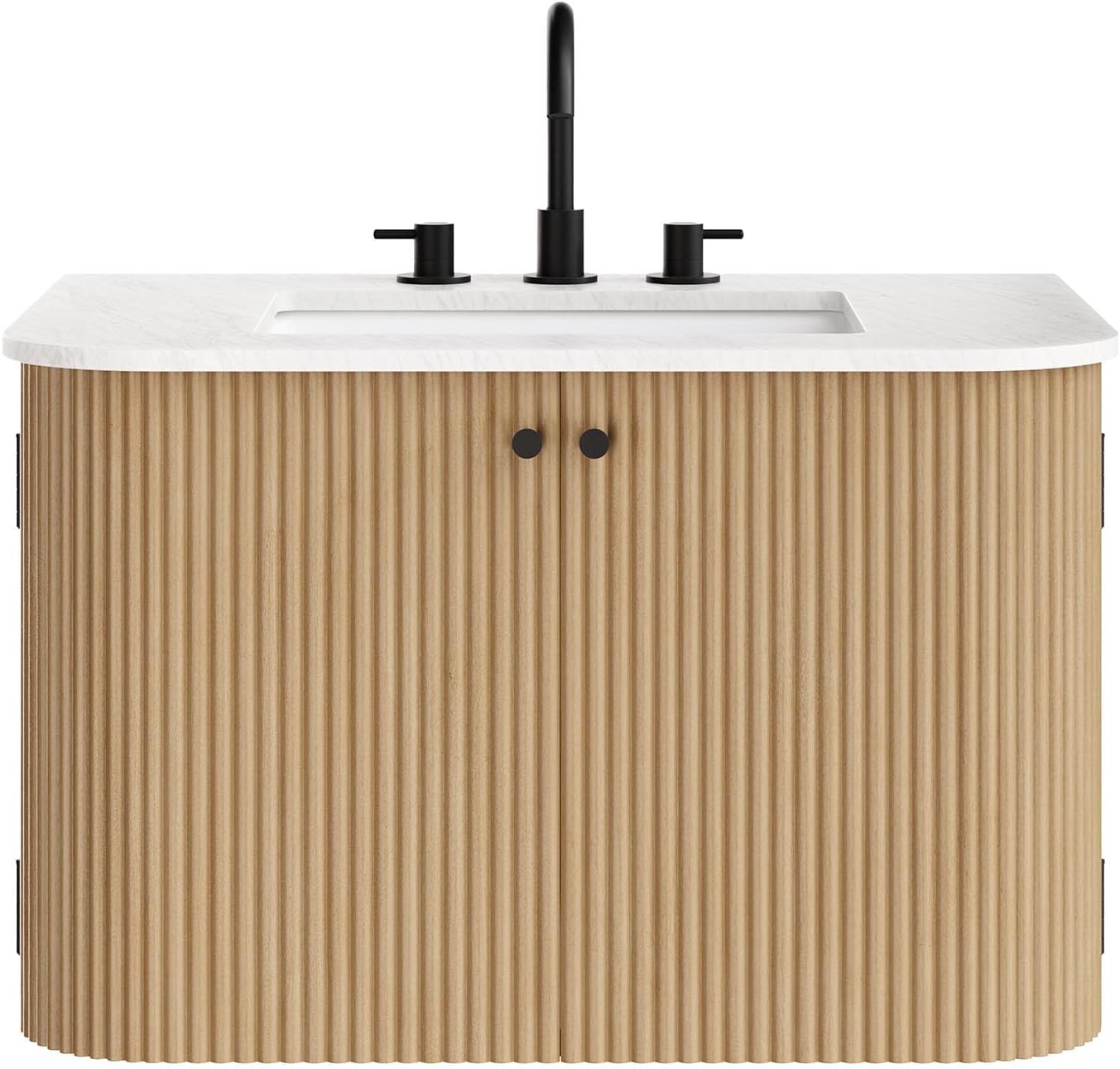 Modway Zia 30 Inch Wall-Mount Bathroom Vanity in Natural with Marble Sink Basin - Floating Bathroom Cabinet with Fluted Design