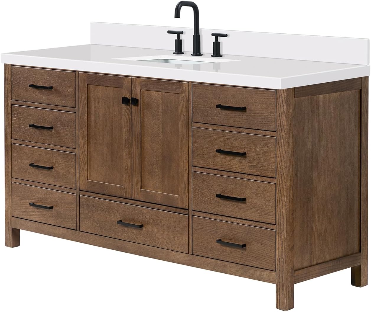 ARIEL Cambridge 66-inch Bathroom Vanity with Sink,Solid Wood, 1.5-inch Pure White Quartz Countertop, Single Rectangular Porcelain Sink, 2 Soft Closing Doors, 9 Dovetail Drawers, Brown Oak