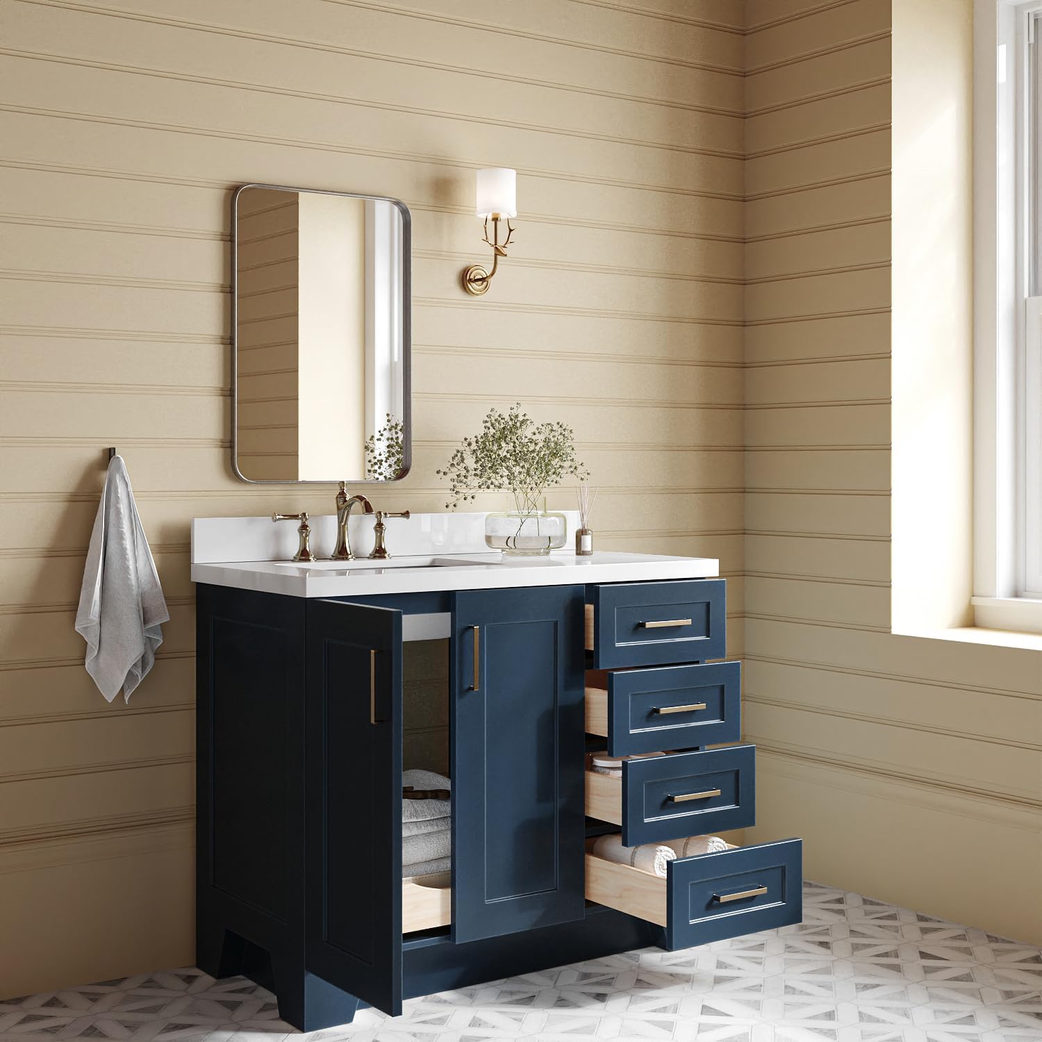 ARIEL Taylor 42-inch Bathroom Vanity with Sink,Solid Wood, 1.5-inch Pure White Quartz Countertop, Single Rectangular Porcelain Sink, 2 Soft Closing Doors, 5 Dovetail Drawers, Midnight Blue