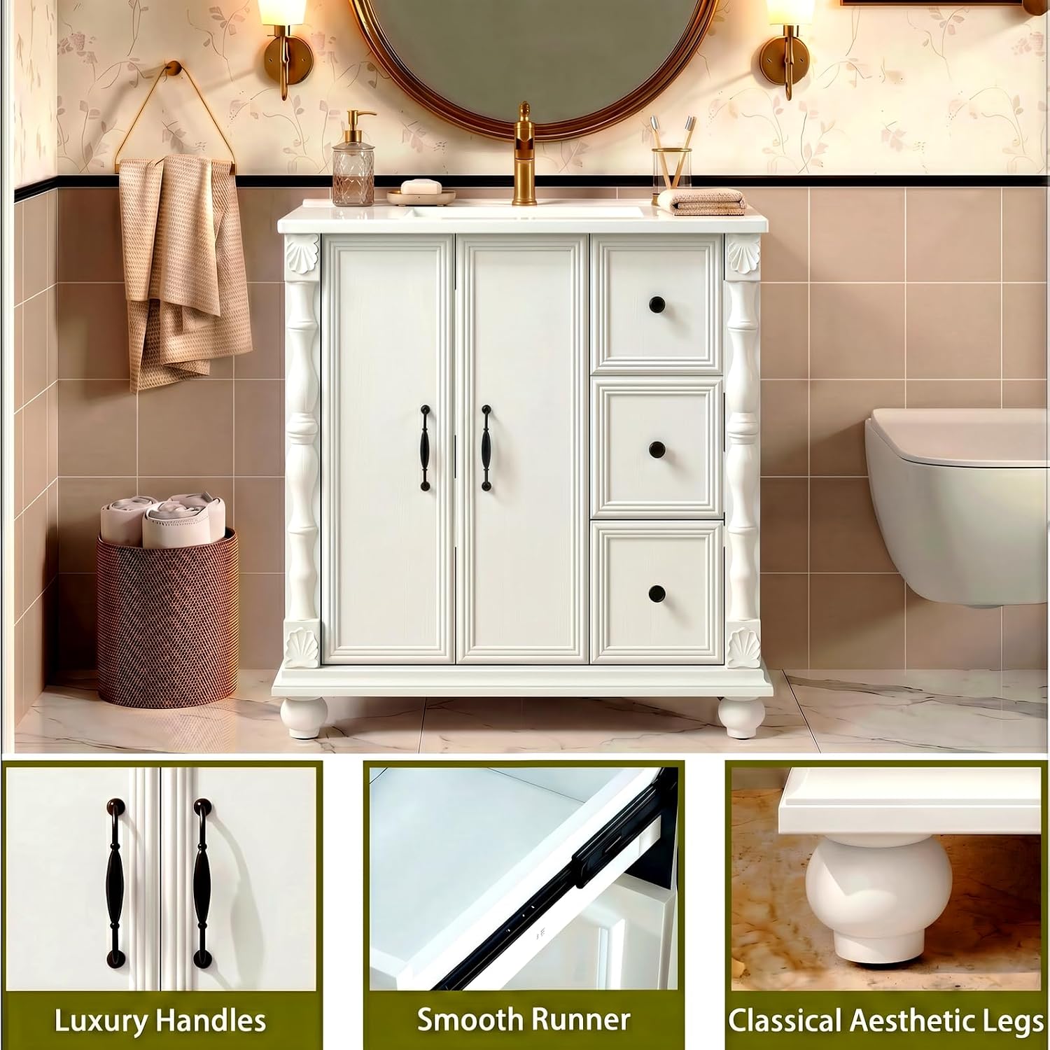 ONBRILL Bathroom Vanity with Sink Combo, Modern Bathroom Vanities with Adjustable Shelf, 4 Solid Legs, 2 Drawers, 2 Doors, Ceramic Integrated Sink, Freestanding Bath Storage Cabinet (32', White)