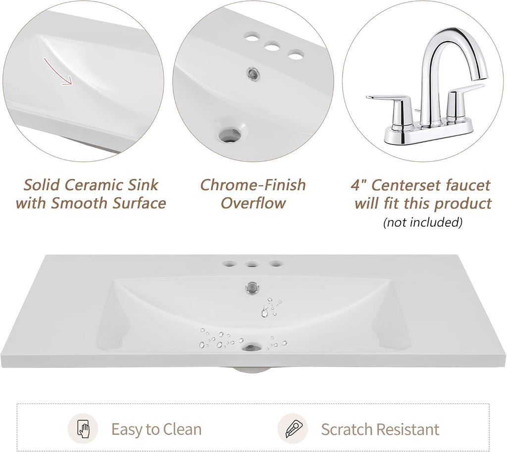 36' Bathroom Vanity with Sink, Harper & Bright Designs Free Standing Single Basin Vanity Set with 6 Drawers & One Cabinet with Adjustable Shelf, Bathroom Cabinet with Ceramic Basin for Bathroom, White